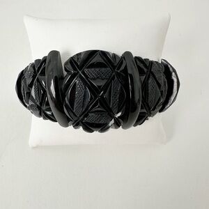 Antique Whitby Jet Bracelet Victorian Carved Black Beaded